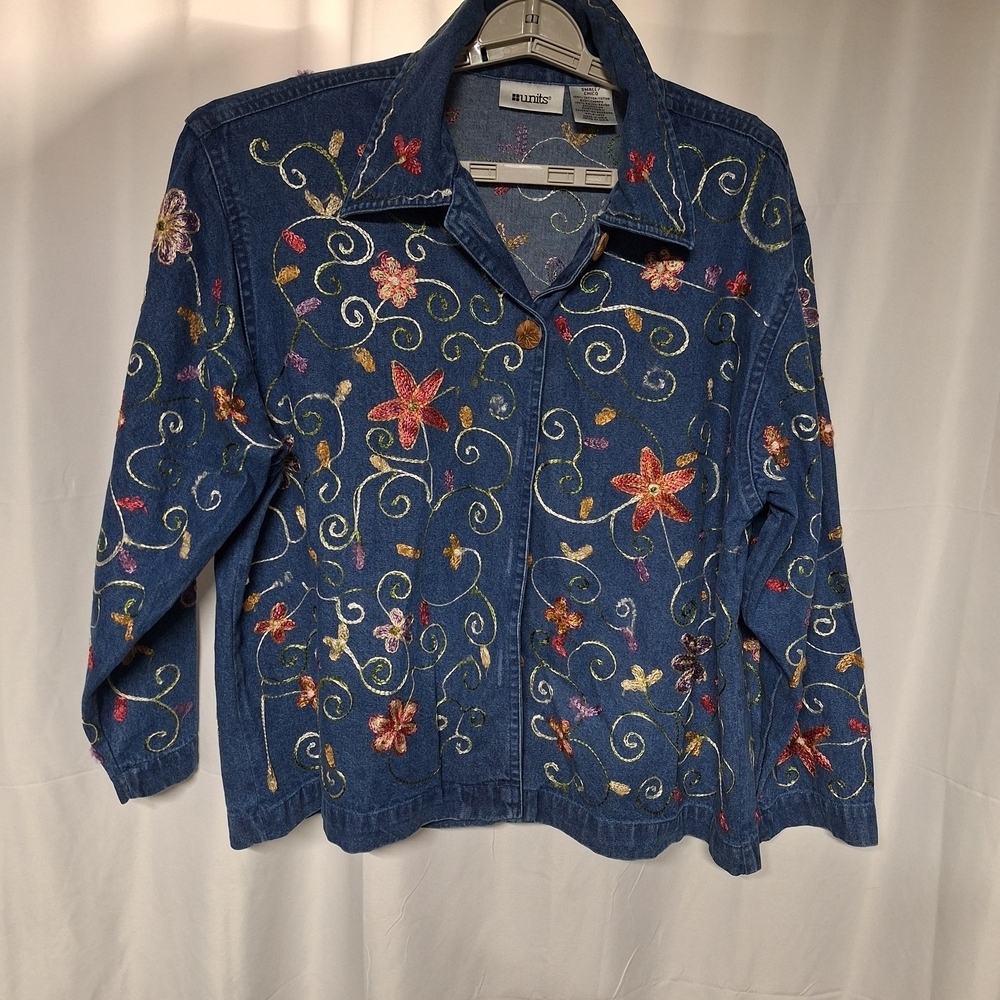 Blue Floral Embroidered Button Down Shirt